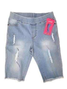 NWT JVINI Light Blue Distressed Denim Bermuda Shorts with Frayed Hem